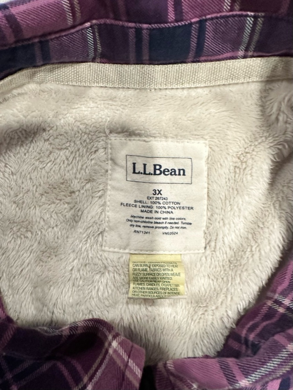 LL Bean Sherpa Lined Fleece Womens 3XL Purple Plaid Flannel Jacket Chore Coat - Picture 2 of 6